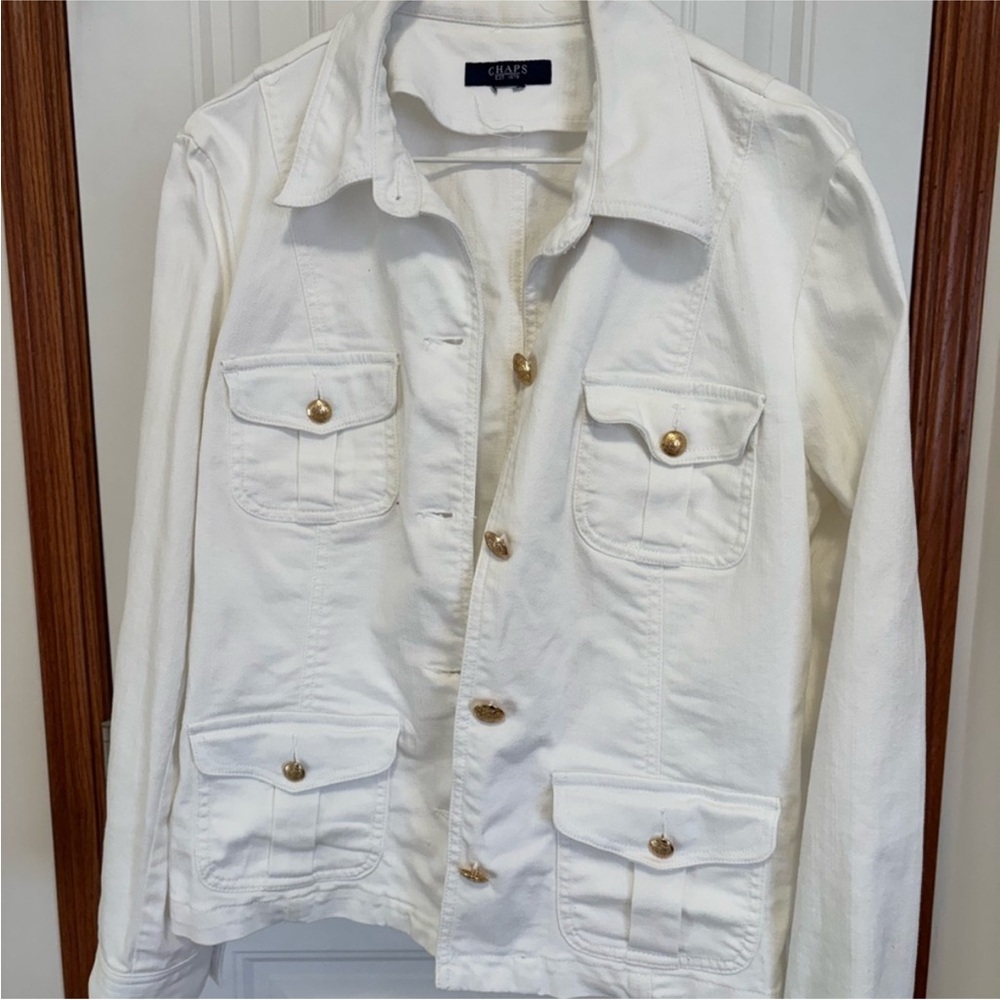 Chaps White Denim Jacket with Gold Buttons